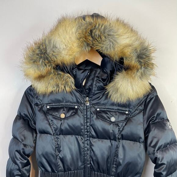 Laundry Shelli Segal Dark Navy Blue Faux Fur Down Cinched Puffer Coat womens M - Picture 4 of 17